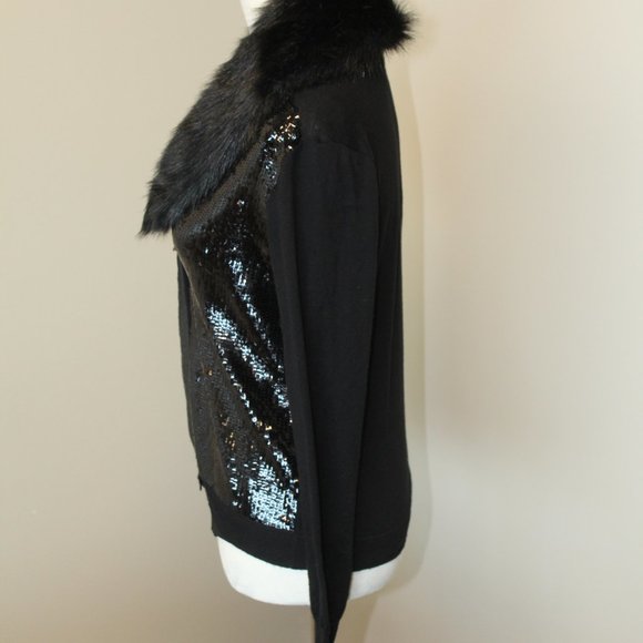 Jones New York, Wool Blend Faux Fur Sequin Button Front Black Sweater, PS - Picture 3 of 11
